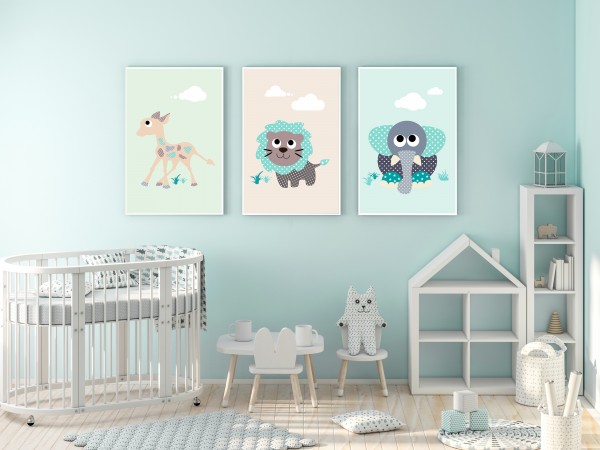 Download 3 Bilder für Kinderzimmer (Elefant, Giraffe, Löwe)