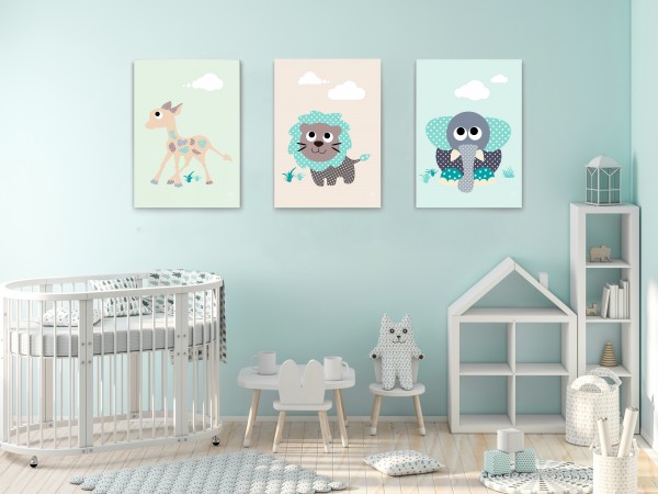 3 Leinwandbilder (Elefant, Giraffe, Löwe) für Kinderzimmer