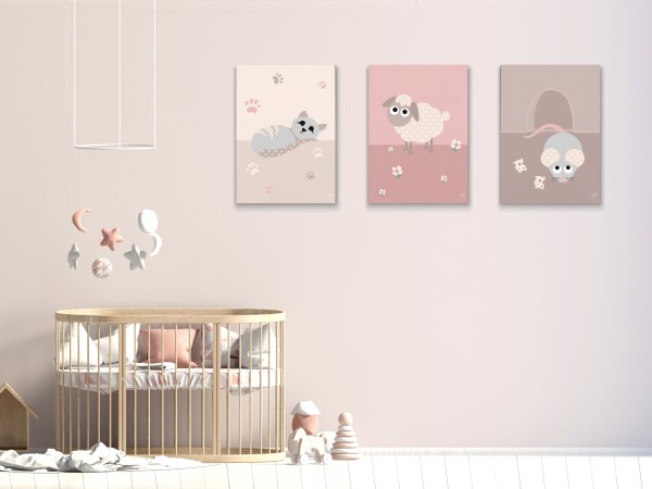 3 Leinwandbilder (Katze, Schaf, Maus) für Kinderzimmer