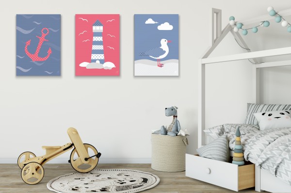 3 Leinwandbilder (Möwe, Anker, Leuchtturm) für Kinderzimmer