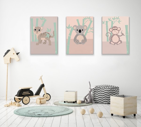3 Leinwandbilder (Tiger, Koala, Affe) für Kinderzimmer