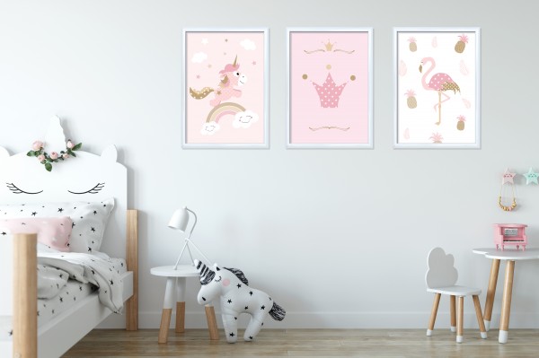 Download 3 Bilder für Kinderzimmer (Einhorn, Flamingo, Krone)