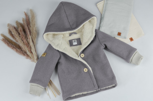 Jacke grau aus Wollwalk mit Teddyfell Fütterung