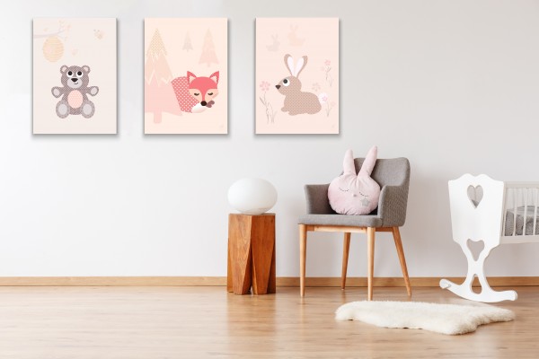 3 Leinwandbilder (Bär, Fuchs, Hase) für Kinderzimmer