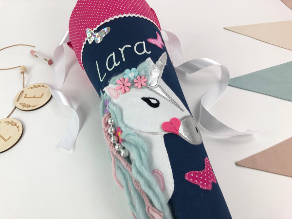 Schultüte Einhorn dunkelblau/pink