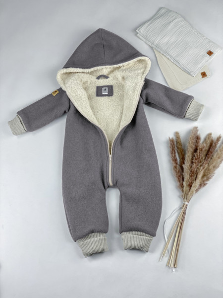 Overall grau aus Bio- Wollwalk mit Teddyfell Fütterung