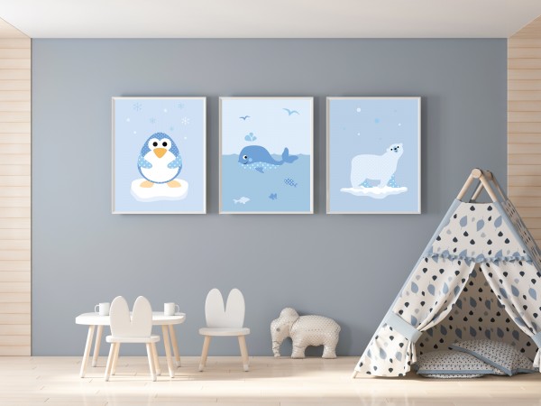 Download 3 Bilder für Kinderzimmer (Pinguin, Eisbär, Wal)